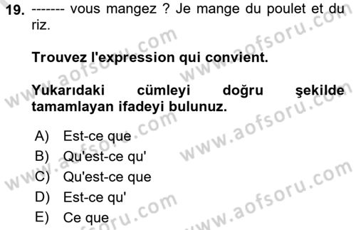 Fransızca 1 Dersi 2023 - 2024 Yılı (Final) Dönem Sonu Sınav Soruları 19. Soru