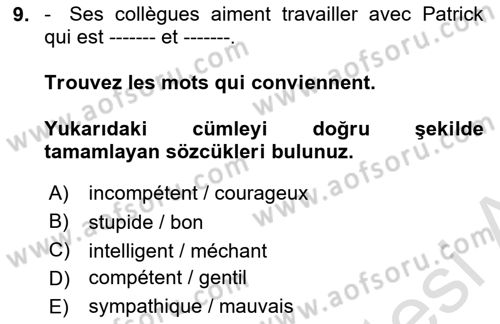 Fransızca 1 Dersi 2023 - 2024 Yılı (Final) Dönem Sonu Sınav Soruları 9. Soru