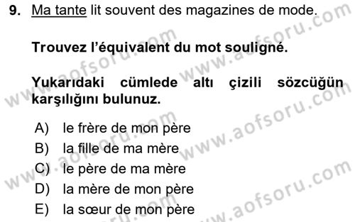 Fransızca 1 Dersi 2023 - 2024 Yılı Yaz Okulu Sınav Soruları 9. Soru