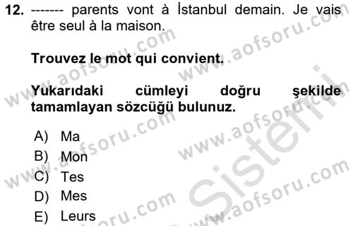Fransızca 1 Dersi 2024 - 2025 Yılı (Vize) Ara Sınav Soruları 12. Soru