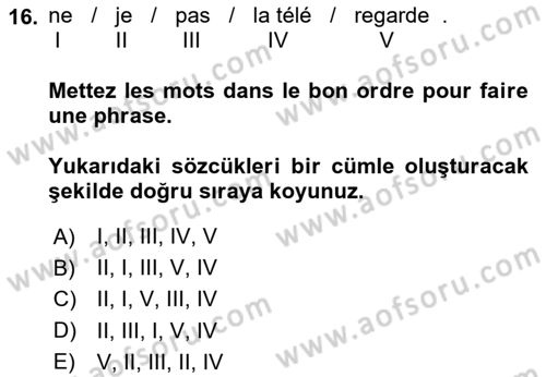 Fransızca 1 Dersi 2024 - 2025 Yılı (Vize) Ara Sınav Soruları 16. Soru