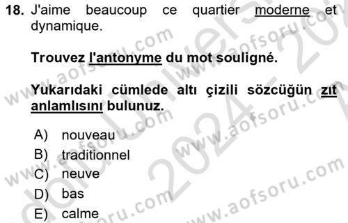Fransızca 1 Dersi 2024 - 2025 Yılı (Vize) Ara Sınav Soruları 18. Soru