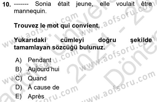 Fransızca 1 Dersi 2024 - 2025 Yılı (Final) Dönem Sonu Sınav Soruları 10. Soru