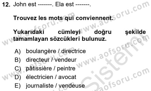 Fransızca 1 Dersi 2024 - 2025 Yılı (Final) Dönem Sonu Sınav Soruları 12. Soru