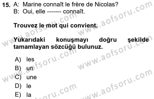 Fransızca 1 Dersi 2024 - 2025 Yılı (Final) Dönem Sonu Sınav Soruları 15. Soru