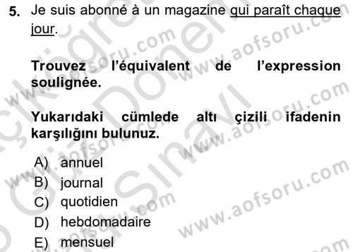 Fransızca 1 Dersi 2024 - 2025 Yılı (Final) Dönem Sonu Sınav Soruları 5. Soru