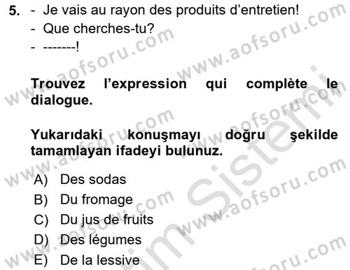 Fransızca 1 Dersi 2024 - 2025 Yılı Yaz Okulu Sınav Soruları 5. Soru