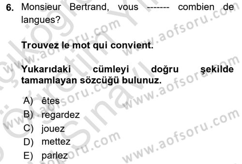 Fransızca 1 Dersi 2024 - 2025 Yılı Yaz Okulu Sınav Soruları 6. Soru