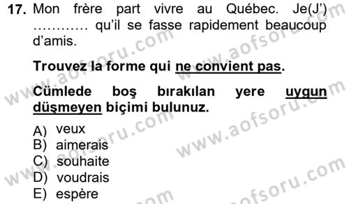 Fransızca 2 Dersi 2012 - 2013 Yılı (Final) Dönem Sonu Sınav Soruları 17. Soru