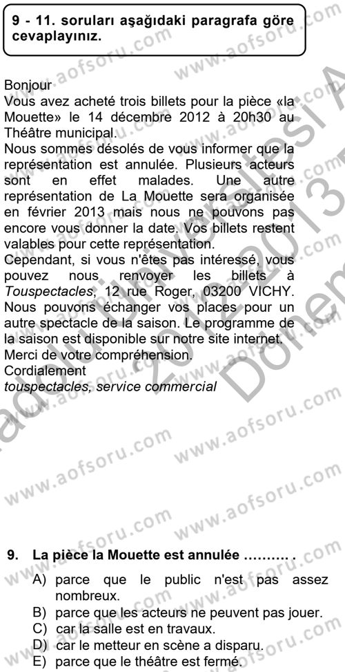 Fransızca 2 Dersi 2012 - 2013 Yılı (Final) Dönem Sonu Sınav Soruları 9. Soru