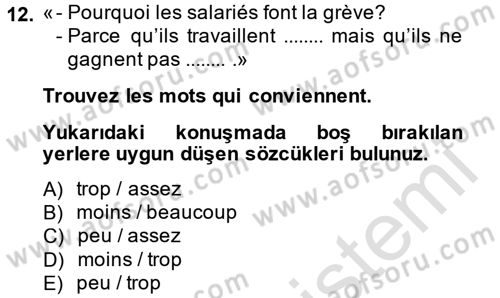 Fransızca 2 Dersi 2013 - 2014 Yılı Tek Ders Sınav Soruları 12. Soru