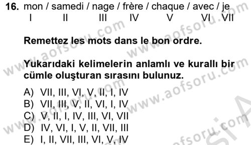 Fransızca 2 Dersi 2013 - 2014 Yılı Tek Ders Sınavı 16. Soru