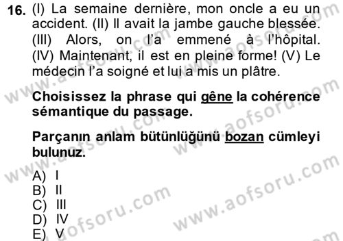 Fransızca 2 Dersi 2014 - 2015 Yılı (Vize) Ara Sınav Soruları 16. Soru