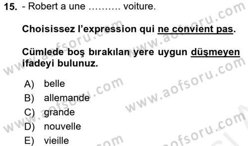 Fransızca 2 Dersi 2015 - 2016 Yılı (Vize) Ara Sınav Soruları 15. Soru