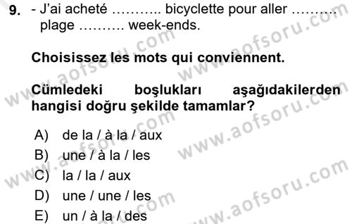 Fransızca 2 Dersi 2015 - 2016 Yılı (Vize) Ara Sınav Soruları 9. Soru