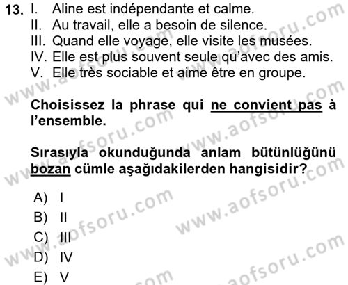 Fransızca 2 Dersi 2015 - 2016 Yılı (Final) Dönem Sonu Sınav Soruları 13. Soru