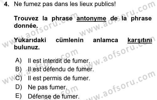Fransızca 2 Dersi 2015 - 2016 Yılı Tek Ders Sınav Soruları 4. Soru