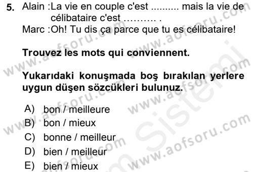 Fransızca 2 Dersi 2015 - 2016 Yılı Tek Ders Sınav Soruları 5. Soru