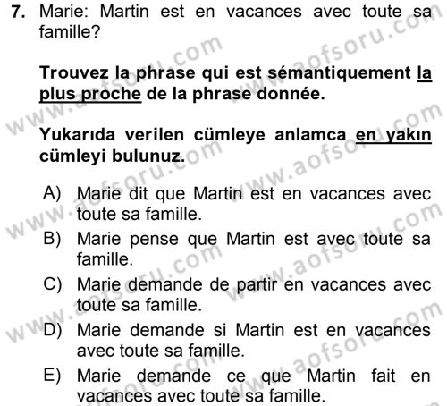 Fransızca 2 Dersi 2015 - 2016 Yılı Tek Ders Sınav Soruları 7. Soru