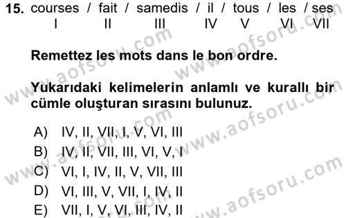 Fransızca 2 Dersi 2016 - 2017 Yılı 3 Ders Sınav Soruları 15. Soru