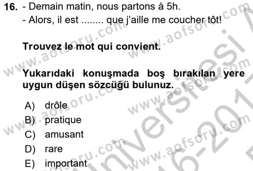 Fransızca 2 Dersi 2016 - 2017 Yılı 3 Ders Sınav Soruları 16. Soru