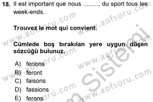 Fransızca 2 Dersi 2016 - 2017 Yılı 3 Ders Sınav Soruları 18. Soru