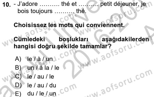 Fransızca 2 Dersi 2016 - 2017 Yılı (Vize) Ara Sınav Soruları 10. Soru