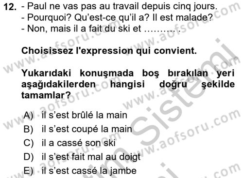 Fransızca 2 Dersi 2016 - 2017 Yılı (Vize) Ara Sınav Soruları 12. Soru