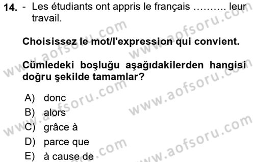 Fransızca 2 Dersi 2016 - 2017 Yılı (Vize) Ara Sınav Soruları 14. Soru