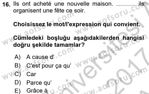 Fransızca 2 Dersi 2016 - 2017 Yılı (Vize) Ara Sınav Soruları 16. Soru