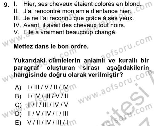 Fransızca 2 Dersi 2016 - 2017 Yılı (Vize) Ara Sınav Soruları 9. Soru