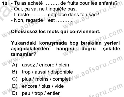 Fransızca 2 Dersi 2016 - 2017 Yılı (Final) Dönem Sonu Sınav Soruları 10. Soru