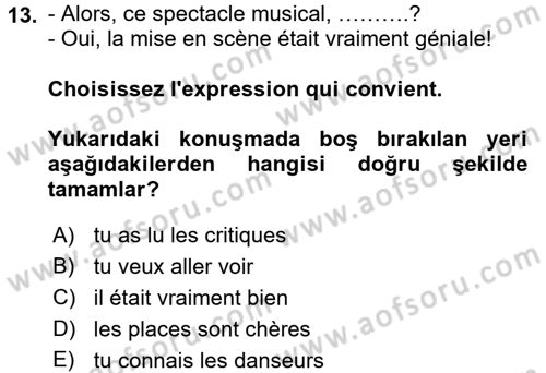 Fransızca 2 Dersi 2016 - 2017 Yılı (Final) Dönem Sonu Sınav Soruları 13. Soru