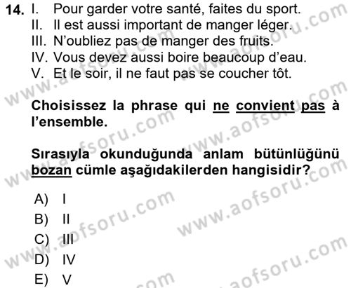 Fransızca 2 Dersi 2016 - 2017 Yılı (Final) Dönem Sonu Sınav Soruları 14. Soru