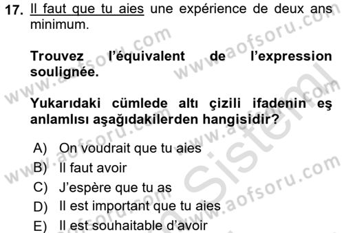 Fransızca 2 Dersi 2016 - 2017 Yılı (Final) Dönem Sonu Sınav Soruları 17. Soru