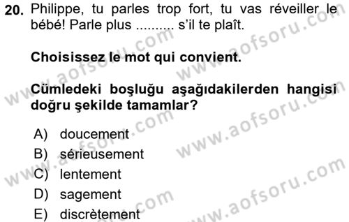 Fransızca 2 Dersi 2016 - 2017 Yılı (Final) Dönem Sonu Sınav Soruları 20. Soru