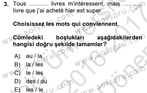Fransızca 2 Dersi 2016 - 2017 Yılı (Final) Dönem Sonu Sınav Soruları 3. Soru