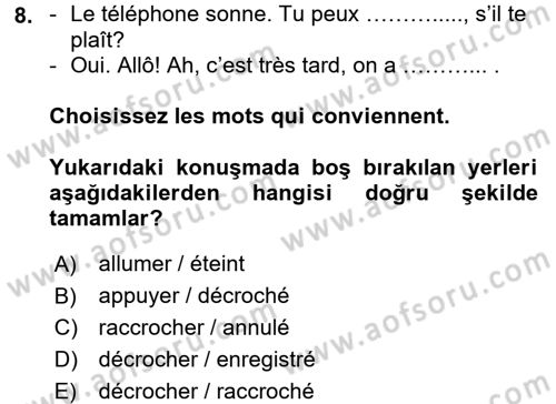 Fransızca 2 Dersi 2016 - 2017 Yılı (Final) Dönem Sonu Sınav Soruları 8. Soru