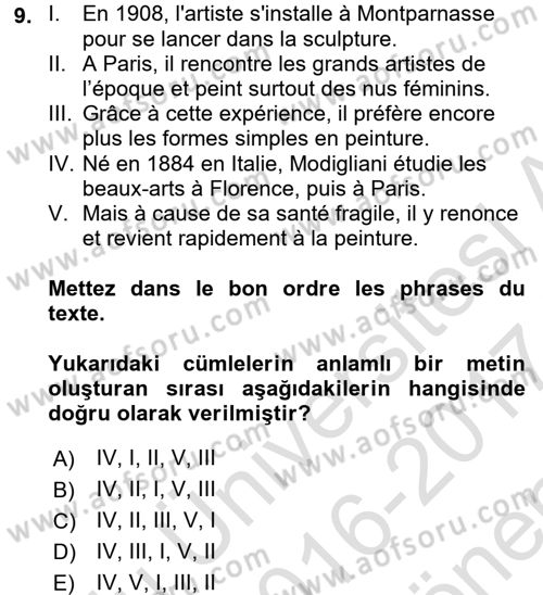 Fransızca 2 Dersi 2016 - 2017 Yılı (Final) Dönem Sonu Sınav Soruları 9. Soru