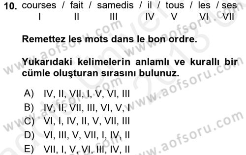 Fransızca 2 Dersi 2017 - 2018 Yılı 3 Ders Sınavı 10. Soru