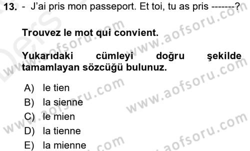 Fransızca 2 Dersi 2017 - 2018 Yılı 3 Ders Sınavı 13. Soru