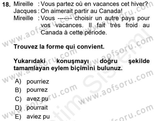 Fransızca 2 Dersi 2017 - 2018 Yılı 3 Ders Sınavı 18. Soru