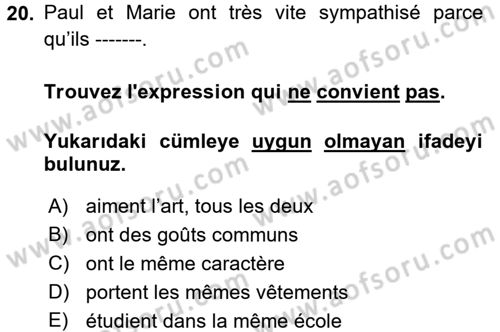 Fransızca 2 Dersi 2017 - 2018 Yılı 3 Ders Sınavı 20. Soru