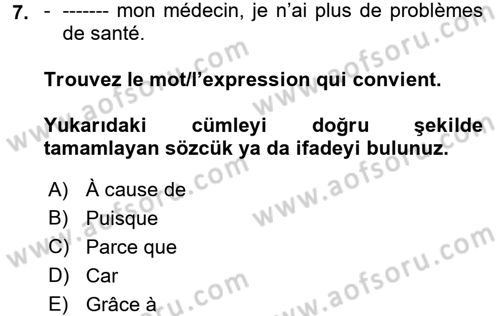 Fransızca 2 Dersi 2017 - 2018 Yılı 3 Ders Sınavı 7. Soru