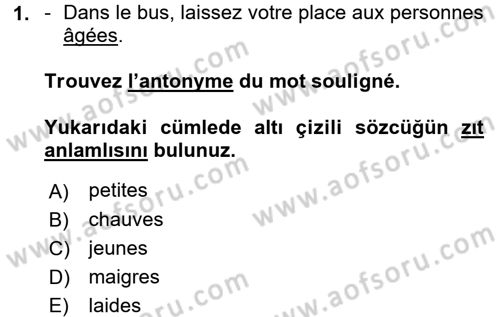 Fransızca 2 Dersi 2017 - 2018 Yılı (Vize) Ara Sınav Soruları 1. Soru