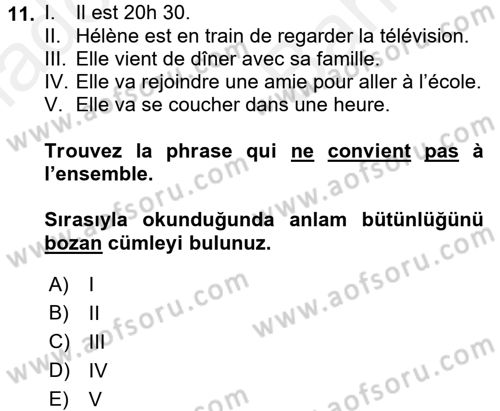 Fransızca 2 Dersi 2017 - 2018 Yılı (Vize) Ara Sınav Soruları 11. Soru