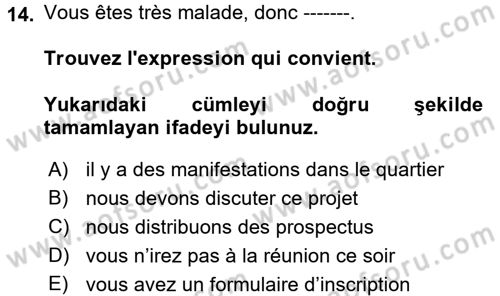 Fransızca 2 Dersi 2017 - 2018 Yılı (Vize) Ara Sınav Soruları 14. Soru