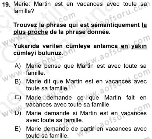 Fransızca 2 Dersi 2017 - 2018 Yılı (Vize) Ara Sınavı 19. Soru