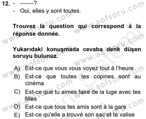 Fransızca 2 Dersi 2017 - 2018 Yılı (Final) Dönem Sonu Sınavı 12. Soru