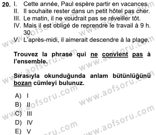 Fransızca 2 Dersi 2017 - 2018 Yılı (Final) Dönem Sonu Sınavı 20. Soru